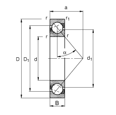 角接触球轴承 7318-B-JP, 根据 DIN 628-1 标准的主要尺寸，接触角 α = 40°