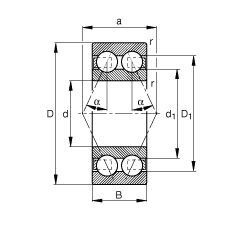 角接触球轴承 3201-B-TVH, 根据 DIN 628-3 标准的主要尺寸，双列，接触角 α = 25°