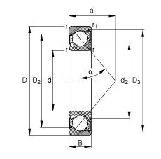 角接触球轴承 7308-B-2RS-TVP, 根据 DIN 628-1 标准的主要尺寸，接触角 α = 40°，两侧唇密封